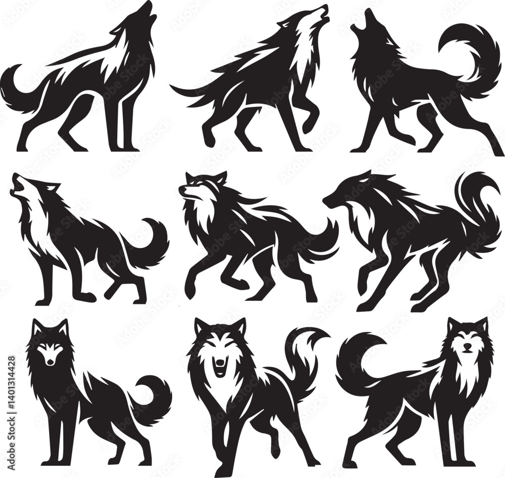 Fototapeta premium Set of wolf silhouette vector-bold black wild animal illustrations 