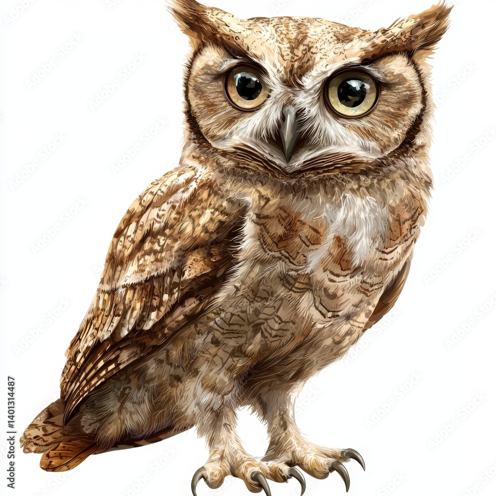 Naklejka premium Realistic illustration of an owl with detailed feathers and expressive eyes, showcasing its majestic presence in wildlife art