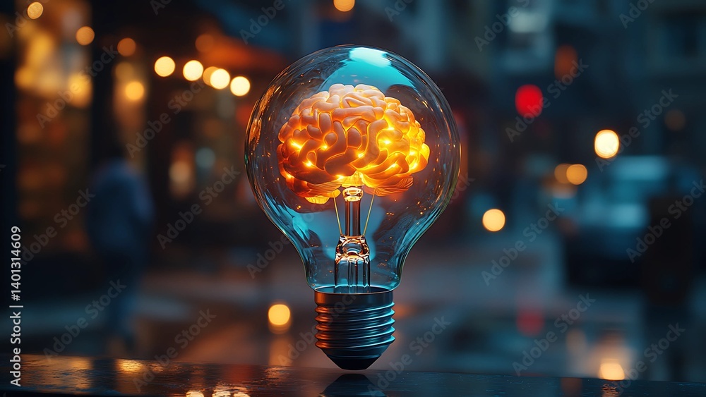 Glowing Brain Inside Transparent Light Bulb In Urban Street Scene Symbolizing Intelligence And Creative Thinking Glowing Brain Inside Transparent Light Bulb In Urban Street Scene Symbolizing Intelligence And Creative Thinking