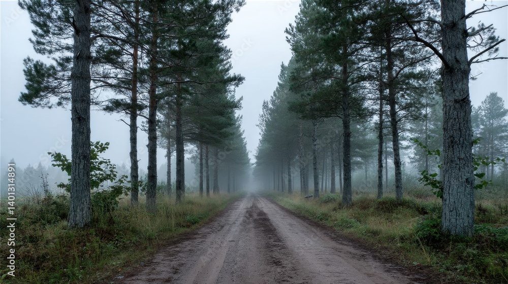 Foggy dirt road through tall pines.