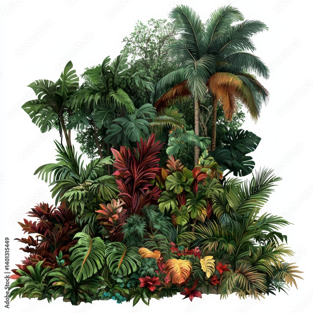 Fototapeta premium Lush Tropical Jungle Foliage with Diverse Green Plants and Colorful Leaves Perfect for Nature and Environment Themes