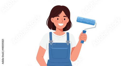Woman holding a paint roller in flat vector art style for home improvement projects