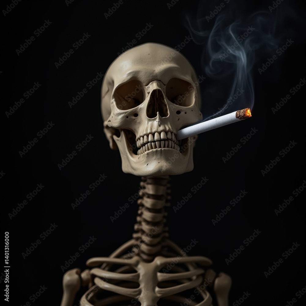 Close-up of skeleton jaw clenching a burning cigarette with smoke rising, symbolizing health risks and smoking dangers Close-up of skeleton jaw clenching a burning cigarette with smoke rising, symbolizing health risks and smoking dangers