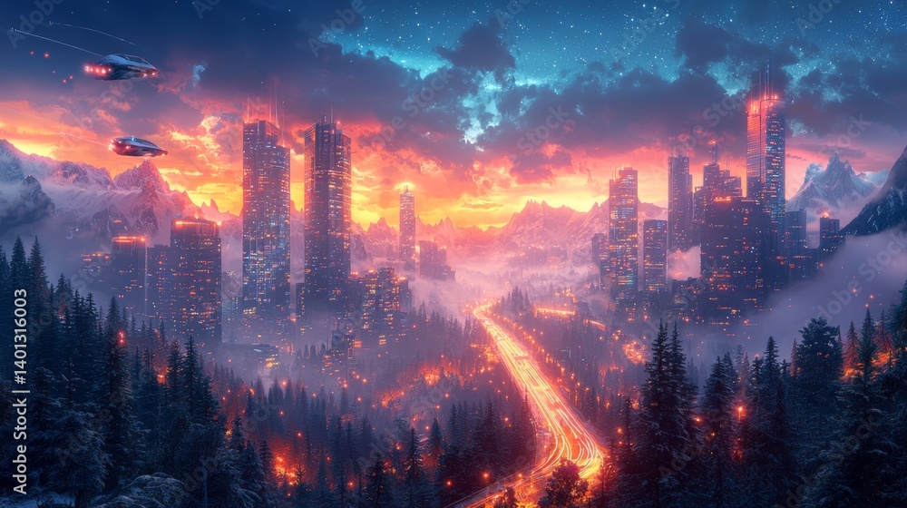 Fototapeta premium Futuristic cityscape with sleek architecture, glowing lights, flying cars, and high-tech elements, daytime setting, vibrant colors
