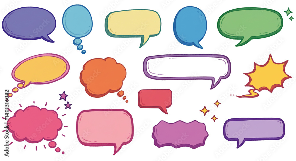 A vibrant collection of colorful speech bubbles ready to burst with exciting conversations and playful thoughts, featuring hand-drawn styles and playful sparkle details. A vibrant collection of colorful speech bubbles ready to burst with exciting conversations and playful thoughts, featuring hand-drawn styles and playful sparkle details.