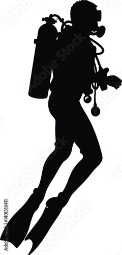 Silhouetted Illustration of a Scuba Diver Equipped with a Mask, Tank, and Fins