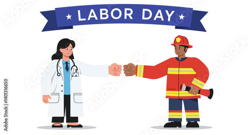 Labor Day celebration featuring a doctor and firefighter in flat vector art style