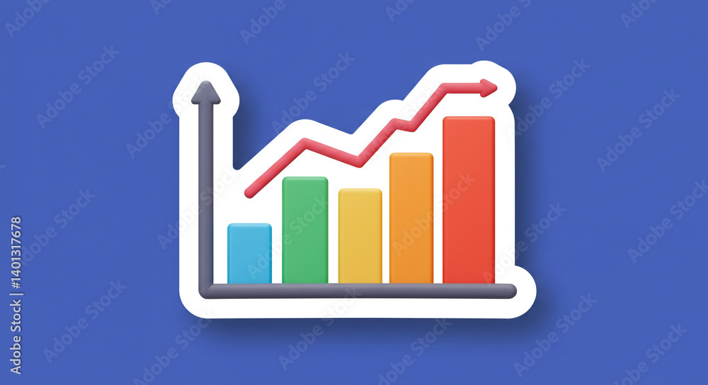 A vibrant bar graph showcasing upward growth and overcoming initial challenges, a sticker-like design with bold colors against a simple blue background. A vibrant bar graph showcasing upward growth and overcoming initial challenges, a sticker-like design with bold colors against a simple blue background.