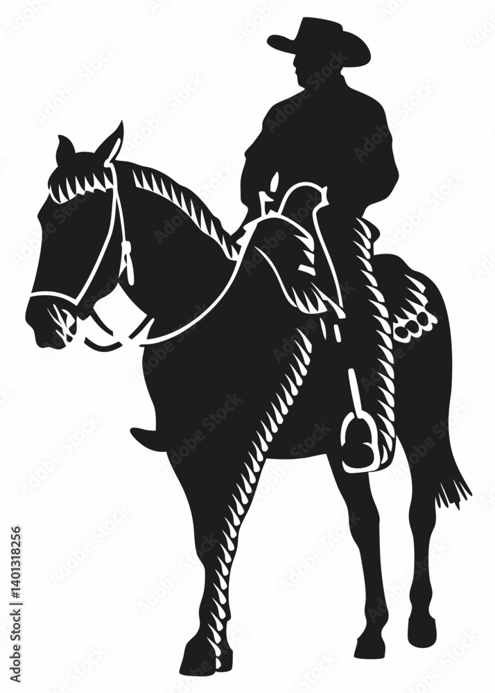 Fototapeta premium Cowboy is riding on a horse silhouette icon in black color. Vector template for laser cutting.