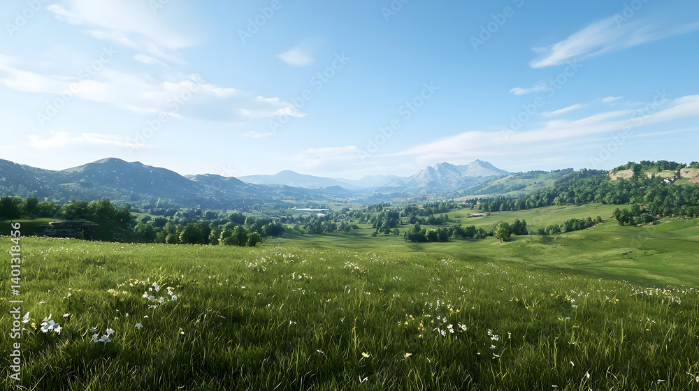 Obraz premium Panoramic View Of Rolling Hills And Meadow With Fluffy Clouds