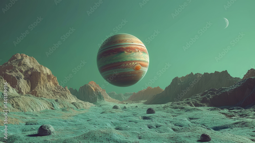 A stunning alien landscape with Jupiter against a surreal night sky that inspires awe