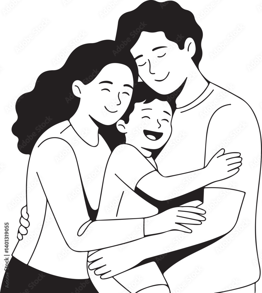 Happy Family Hugging Close Up black and white vector Illustration Happy Family Hugging Close Up black and white vector Illustration