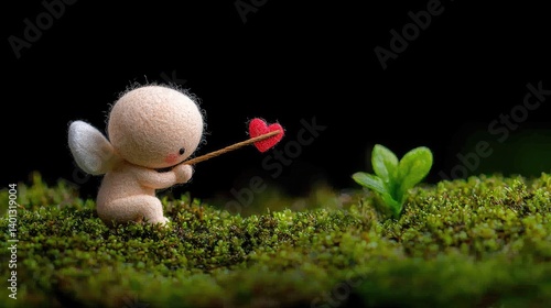 A tiny angel, holding a heart, poised on mossy ground
