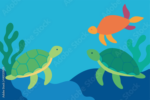 sea turtles swimming near coral reef vector illustration