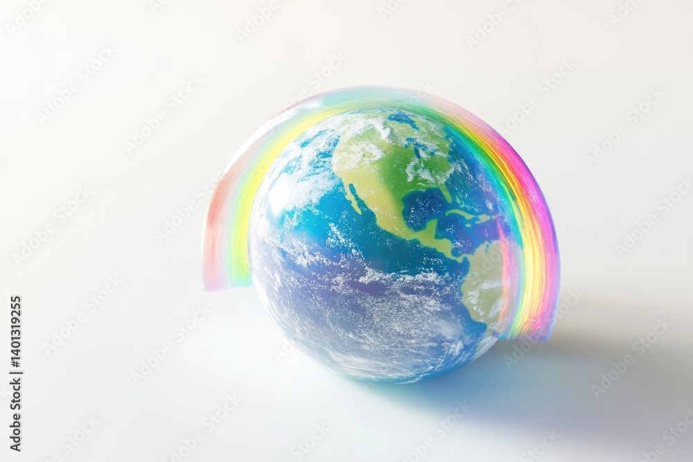 A vibrant rainbow arc gracefully encircles a detailed Earth globe, symbolizing hope and environmental protection. A vibrant rainbow arc gracefully encircles a detailed Earth globe, symbolizing hope and environmental protection.