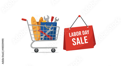 Shopping cart filled with tools and bread in flat vector art style