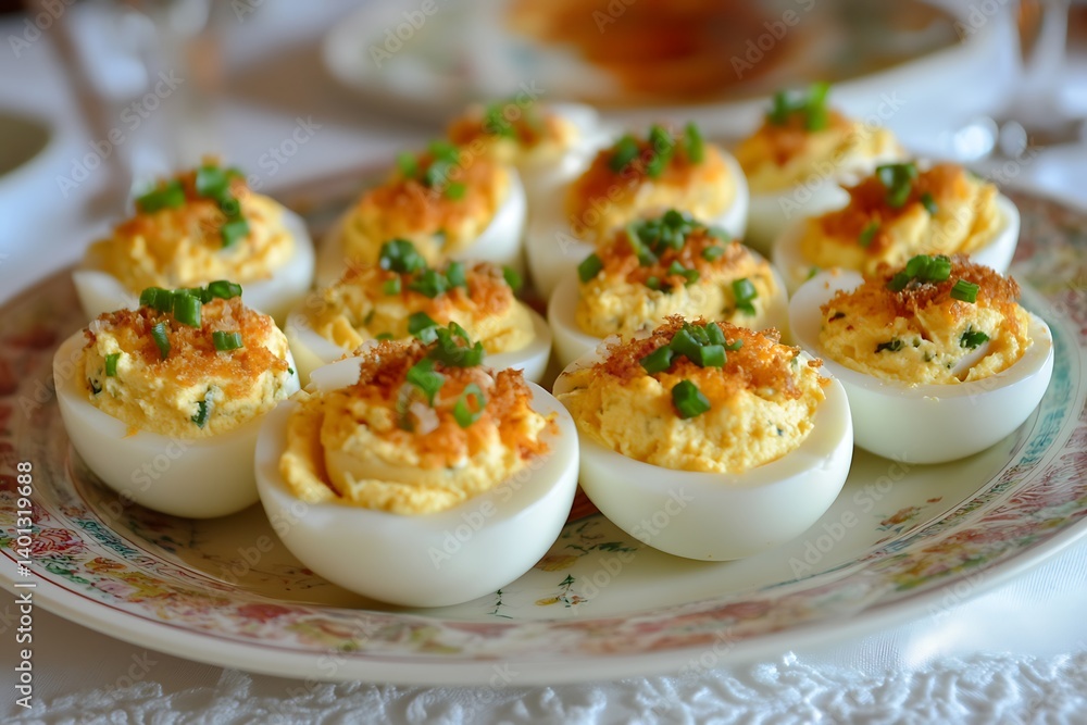 A fresh, vibrant plate of stuffed eggs with a rich, flavorful filling, artistically garnished on a delicate platter A fresh, vibrant plate of stuffed eggs with a rich, flavorful filling, artistically garnished on a delicate platter