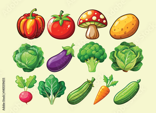 collection of vegetables vector illustration, bell pepper, tomato, mushroom, potato, cabbage, eggplant, broccoli, lettuce, radish, spinach, zucchini, carrot and cucumber