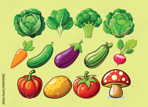 set of vegetables illustration, cabbage, spinach, broccoli, lettuce, carrot, cucumber, eggplant, zucchini, radish, bell pepper, potato, tomato and mushroom