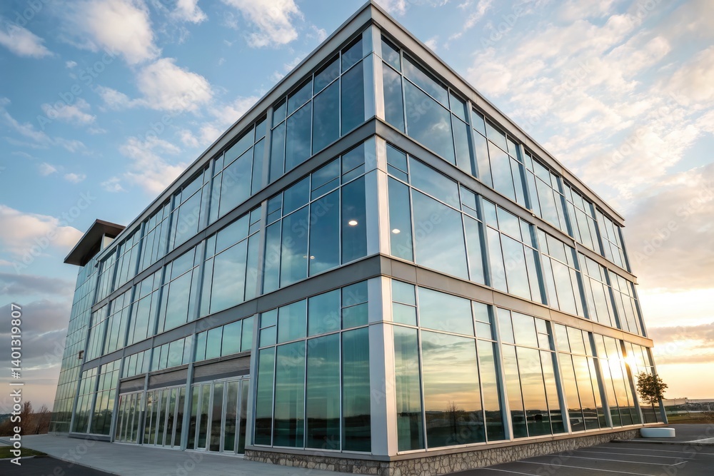 Modern Glass Office Building Reflects Sunset Sky Colors Generative AI Modern Glass Office Building Reflects Sunset Sky Colors Generative AI