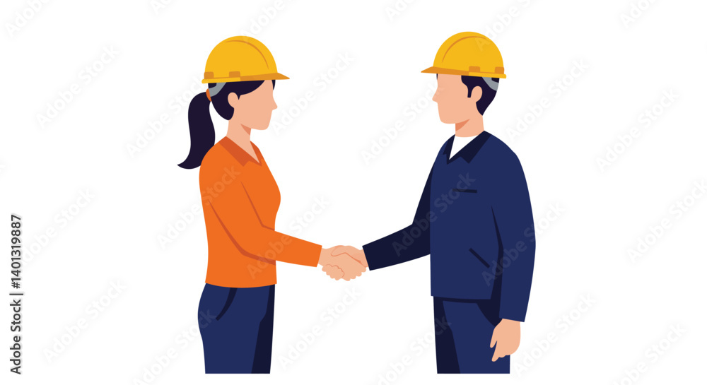 Construction professionals shaking hands in flat vector art style with hard hats and work clothes vector illustration Construction professionals shaking hands in flat vector art style with hard hats and work clothes vector illustration