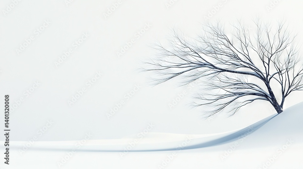 A solitary tree in a snow-covered field, stripped of leaves on its branches A solitary tree in a snow-covered field, stripped of leaves on its branches