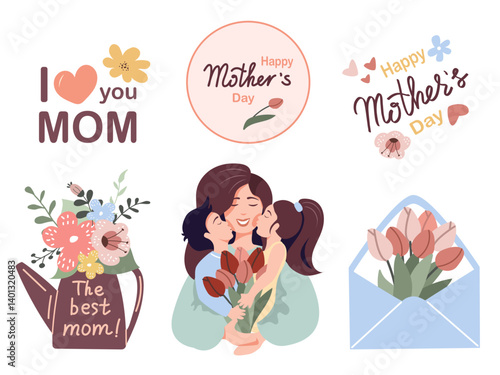Collection of  artistic designs ideal for Mother’s Day celebrations. Included are affectionate illustrations of mother and children, vibrant flowers, and heartfelt messages celebrating motherhood.