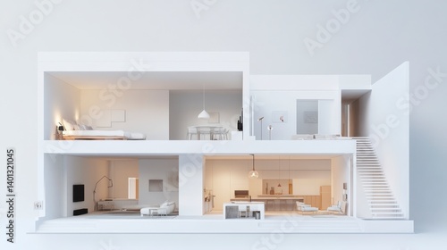 Modern Two Story House Cut Away Illustration Minimalist White Interior Design