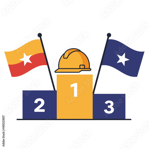 Construction podium with flags and helmet in minimal flat vector art