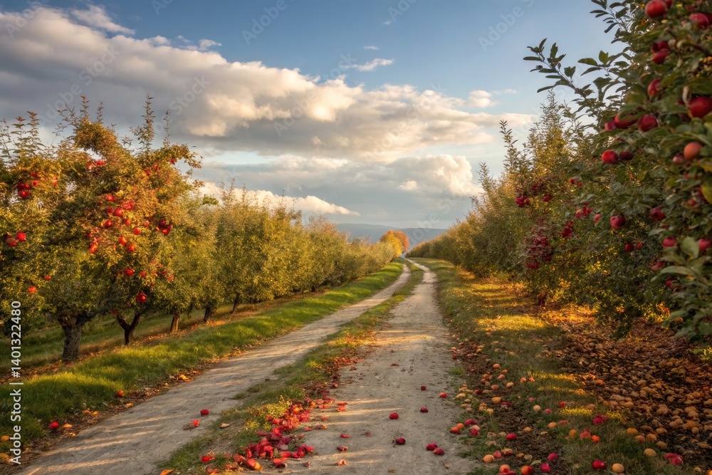 Fototapeta premium Orchard Path Lined With Apple Trees During Autumn Sunset Generative AI