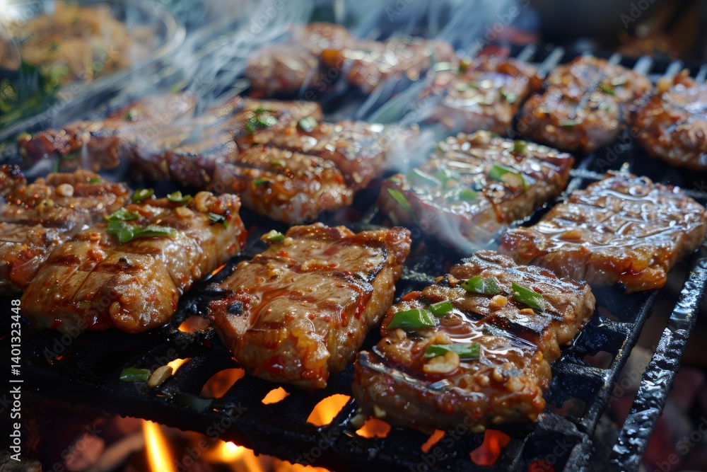 Marinated steak grilling on barbecue with flames and smoke Marinated steak grilling on barbecue with flames and smoke