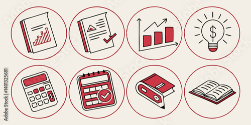 Business Finance Accounting Education Icons Red Outline Vector Graphic Illustration