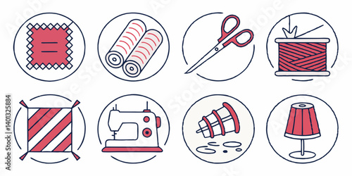 Circular Sewing Crafting Supplies Tools Vector Graphic Design Icons Set Fabric Thread Scissors Sewing Machine Lamp Pink Grey Flat