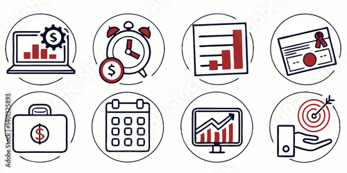 Business and Finance Icons Set: Laptop, Clock, Chart, Certificate, Briefcase, Calendar, Growth, Target - Vector Line Art Style