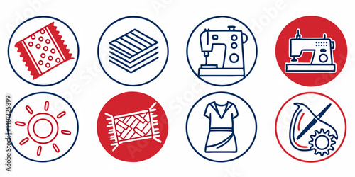 Red and Blue Circle Textile Sewing Icons: Rug, Fabric Stack, Sewing Machine, Dress, Sun, No Tumble Dry - Vector Line Art Icon Set