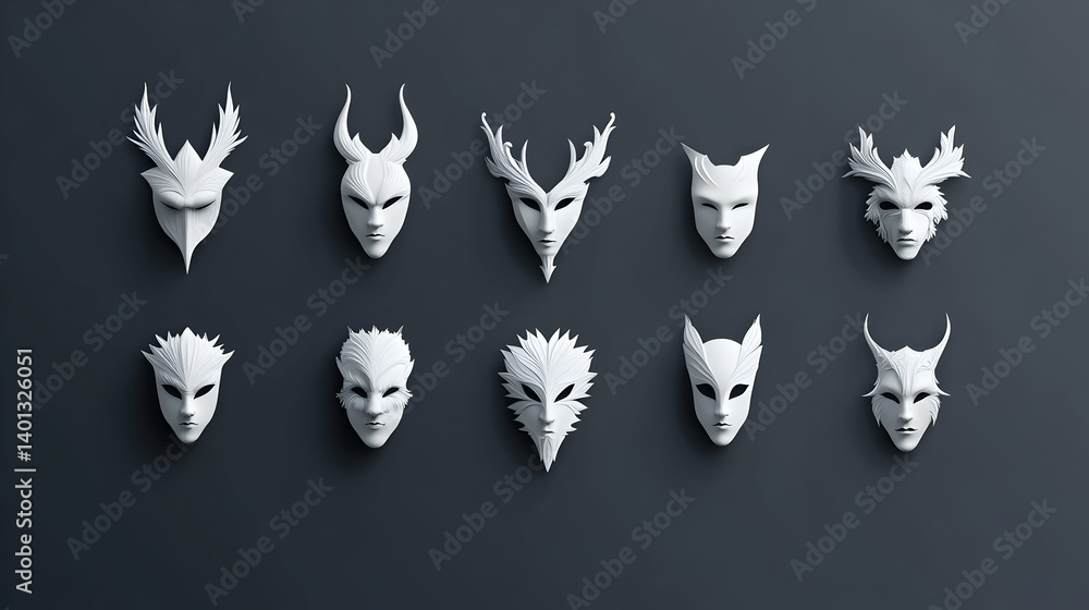 Collection of White Pixelated Animal Masks on Dark Grey Background Collection of White Pixelated Animal Masks on Dark Grey Background