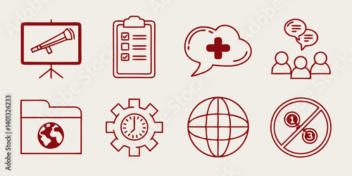 Business Icon Set Presentation Checklist Health Communication Global Time Management Prohibition Red Line Art