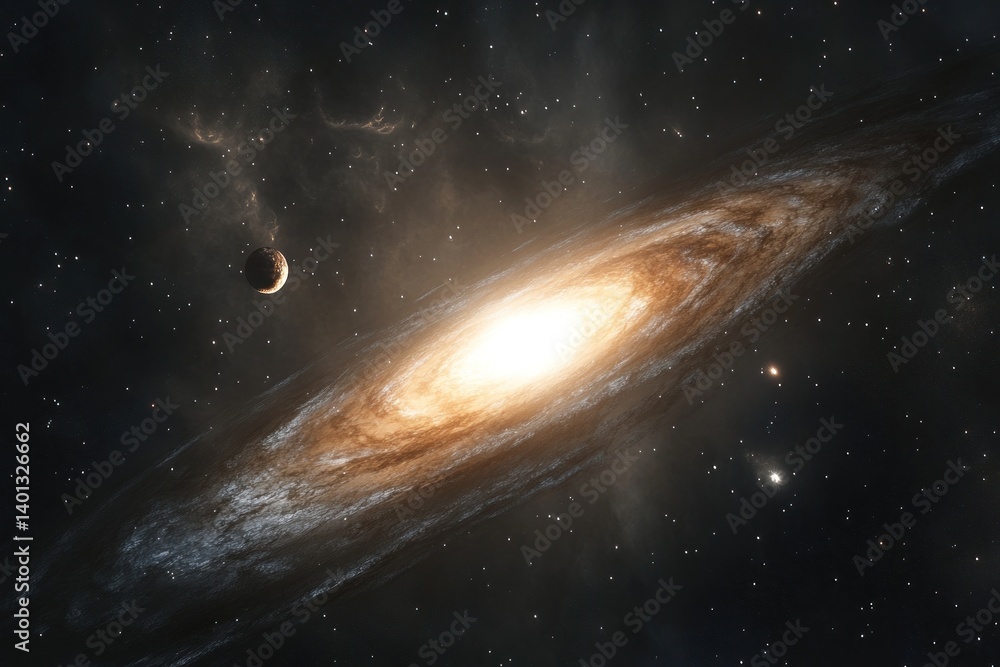 Fototapeta premium A galaxy with a bright star at its center, surrounded by swirling clouds of gas and distant planets. The vastness of space evokes a sense of wonder and exploration.