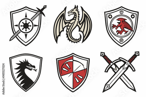 Medieval Fantasy Heraldic Shields Dragon Griffin Swords Black White Vector Illustrations