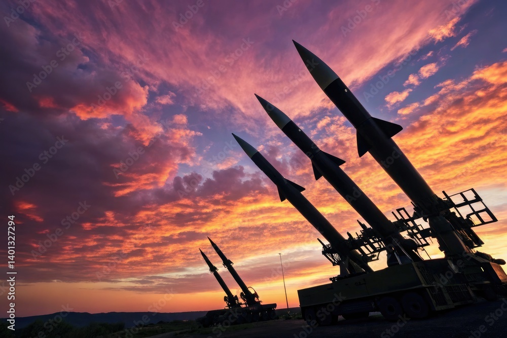 Military Missile Launchers Against a Vibrant Sunset Backdrop Generative AI