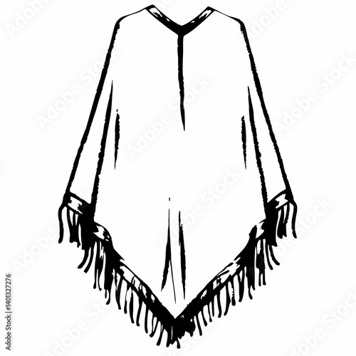 Traditional poncho design with fringes in black and white  