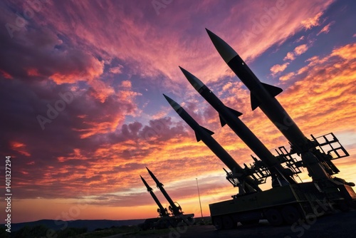 Military Missile Launchers Against a Vibrant Sunset Backdrop Generative AI