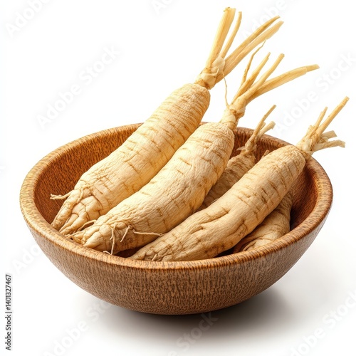 Fresh Ginseng Roots in Wooden Bowl Isolated on White Background Healthy Herbal Medicine