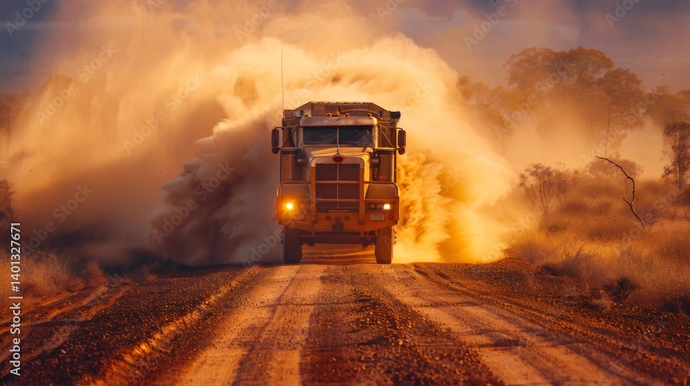 Mining truck creating huge dust cloud on outback road during sunset Mining truck creating huge dust cloud on outback road during sunset