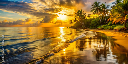 Golden light shimmering across a quiet tropical coastline