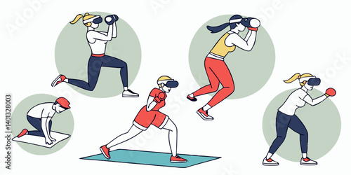 VR Fitness Home Workout People Exercising with VR Headsets Dumbbells Vector Illustration