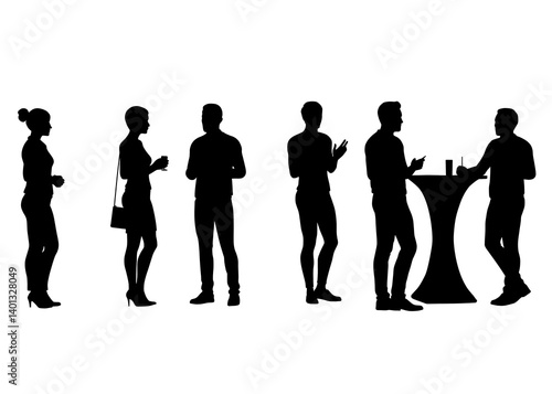 Transparent Black Silhouettes of Office Workers Standing and Networking at a Business Event