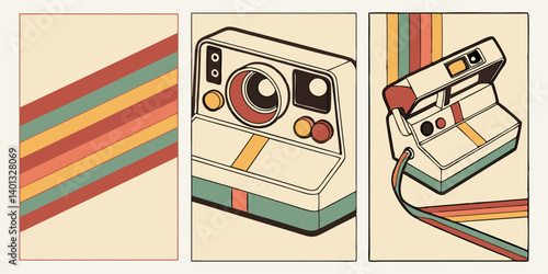 Retro Vintage Polaroid Camera Colorful Stripes 1970s Style Graphic Art Light Beige Cream Color Palette Design