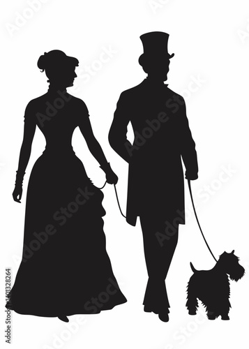 Set of two silhouettes of young woman and man in historical clothing with Welsh Terrier dog on leash. Elegant victorian woman and man with pet.