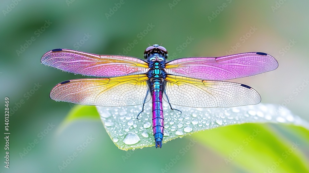 A close-up of a dragonfly on a leaf, with water droplets on its wings and back A close-up of a dragonfly on a leaf, with water droplets on its wings and back